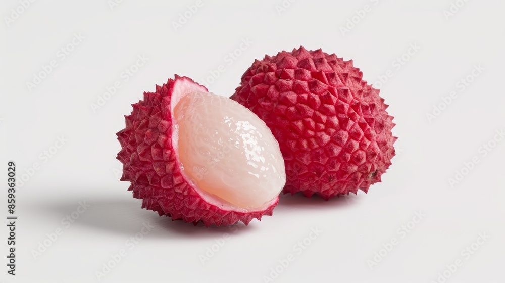 Lychee cluster on a white background, showcasing the rich red hues and rough texture, some lychees peeled to reveal the juicy, translucent flesh inside Lychee cluster on a white background, showcasing the rich red hues and rough texture, some lychees peeled to reveal the juicy, translucent flesh inside