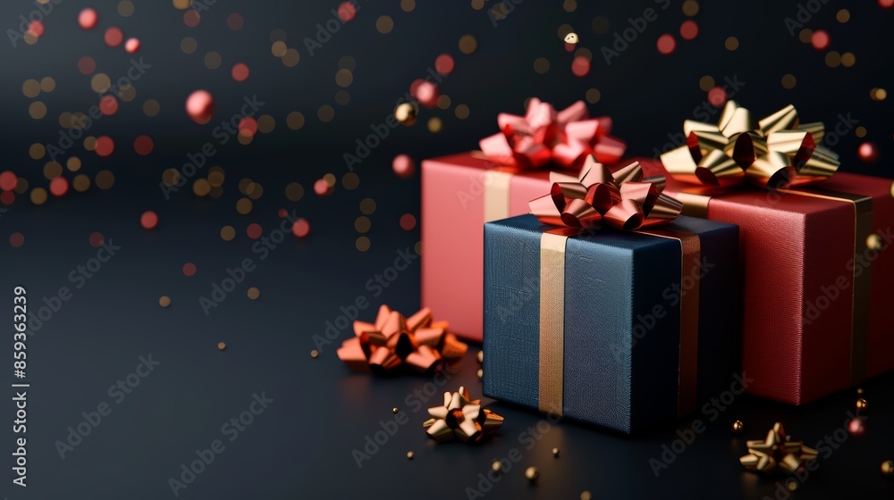 Festive dark blue and red gift boxes with golden bows, displayed on a pure black background, vibrant colors and shiny bows highlighting the holiday spirit Festive dark blue and red gift boxes with golden bows, displayed on a pure black background, vibrant colors and shiny bows highlighting the holiday spirit