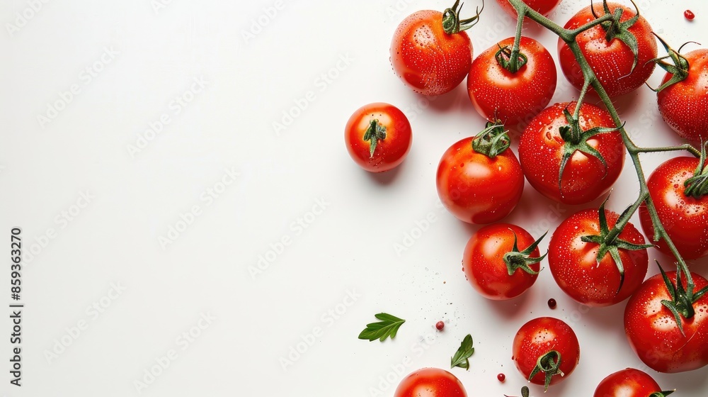 Tomatoes displayed against a white background with space for text Tomatoes displayed against a white background with space for text