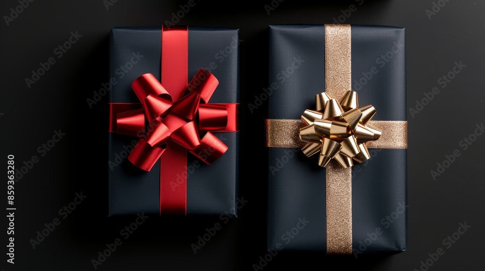 Festive dark blue and red gift boxes with golden bows, displayed on a pure black background, vibrant colors and shiny bows highlighting the holiday spirit Festive dark blue and red gift boxes with golden bows, displayed on a pure black background, vibrant colors and shiny bows highlighting the holiday spirit