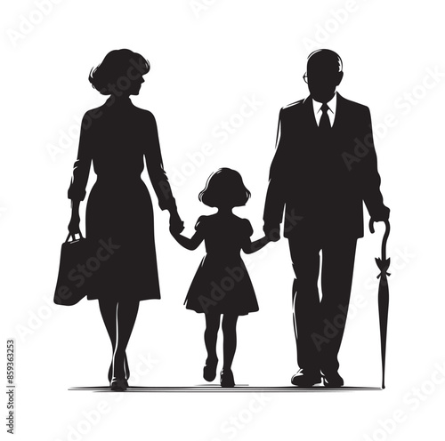 grandparents walking with granddaughter vector silhouette Illustration