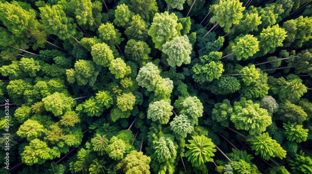 Fototapeta premium Lush forest canopy, aerial view, summer, bright daylight, vivid greens