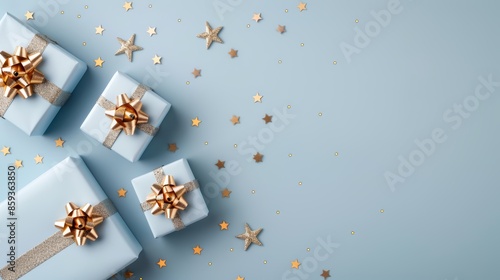 Illustration featuring blue gifts with golden bows on a blue backdrop, stars scattered around, designed with copy space for versatile greeting cards for various celebrations photo