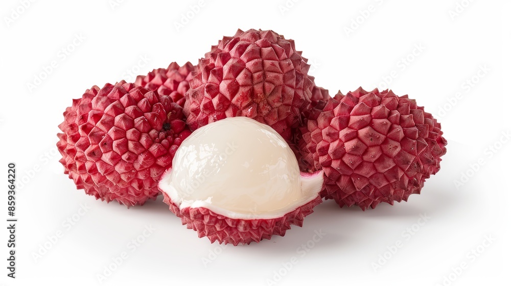Lychee cluster on a white background, showcasing the rich red hues and rough texture, some lychees peeled to reveal the juicy, translucent flesh inside Lychee cluster on a white background, showcasing the rich red hues and rough texture, some lychees peeled to reveal the juicy, translucent flesh inside