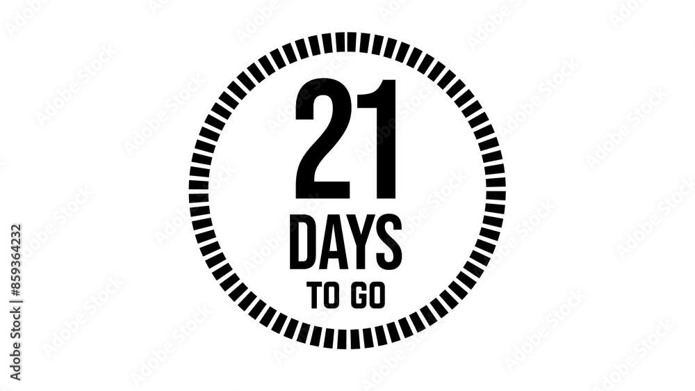 21 days to go, 21 days count 2D animation, motion graphics running numbers counting days, 21 days in a month, twenty one days left, 4K HD video with black text Transparent video alpha channel.
