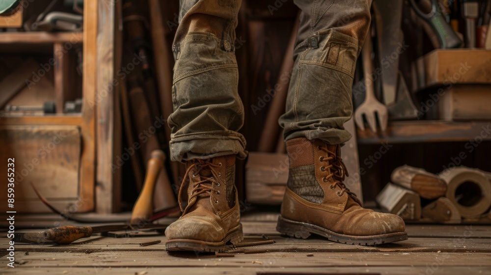 close-up shot of an urban worker's legs and boots standing in front of tools on wooden flooring, with a workbench background and gray cargo pants in an industrial setting close-up shot of an urban worker's legs and boots standing in front of tools on wooden flooring, with a workbench background and gray cargo pants in an industrial setting