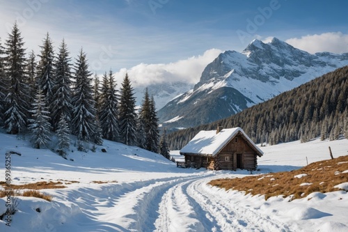 Remote hut in winter landscape