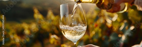 A close-up photo of a hand delicately pouring white wine into a crystal glass against a blurred vineyard background photo