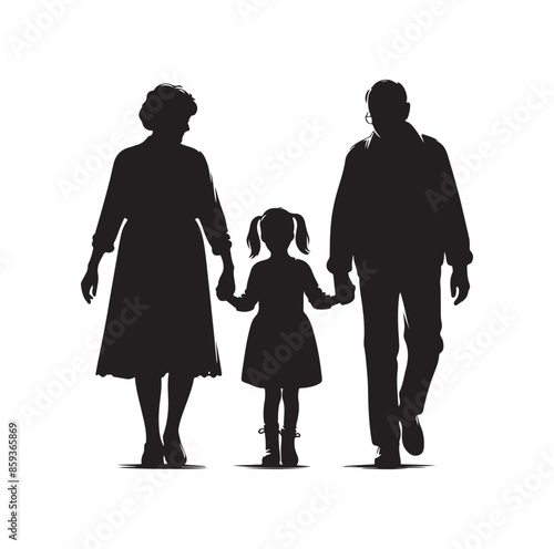 grandparents walking with granddaughter vector silhouette Illustration