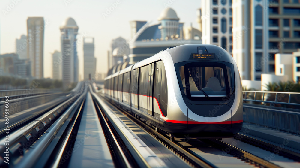 Naklejka premium An elevated train, a subway rides along the tracks, and behind it the cityscape softly blurs.