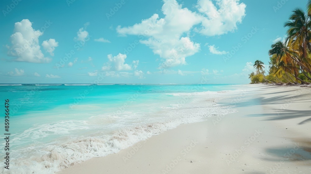 Expansive white sand beach on a tropical island, with sparkling blue waters and palm trees swaying in the breeze. Expansive white sand beach on a tropical island, with sparkling blue waters and palm trees swaying in the breeze.