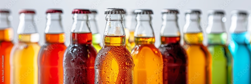 A closeup view of a row of artisanal craft soda bottles, arranged on a reflective surface, showcasing their vibrant colors and condensation A closeup view of a row of artisanal craft soda bottles, arranged on a reflective surface, showcasing their vibrant colors and condensation