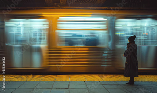 A woman stands on a subway platform, with a passing train in the background, blurring into a lane of traffic. Its silhouette contrasts with movement of the train, emphasizing fast pace of city life.