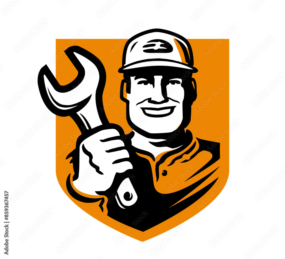 Mechanic with work tool, logo. Construction worker and wrench. Emblem, badge vector illustration Mechanic with work tool, logo. Construction worker and wrench. Emblem, badge vector illustration