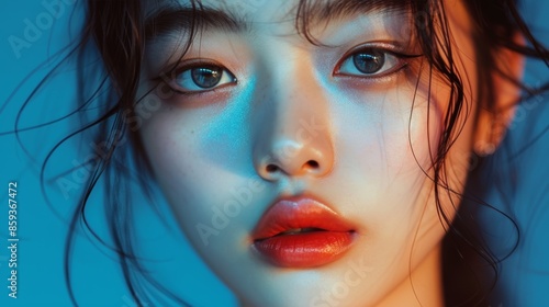 Young Asian woman with beautiful bright black eyes with shining blue shadows, beige lipstick and expressive eyebrows, pitted look of colored paper, fashion, beauty, make-up, cosmetics, salon style