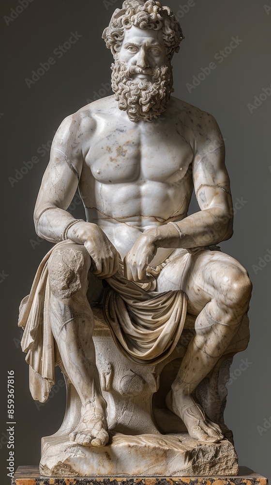 Intricately detailed ancient marble statue of seated man, depicting lifelike anatomy and flowing fabric. Intricately detailed ancient marble statue of seated man, depicting lifelike anatomy and flowing fabric.