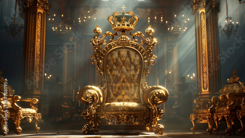 Dazzling crown on a throne, Glowing crown, King, Ruler, Copy space,Space for text,Generative AI,王座の上に眩い王冠、光り輝く王冠、キング、支配者Generative AI