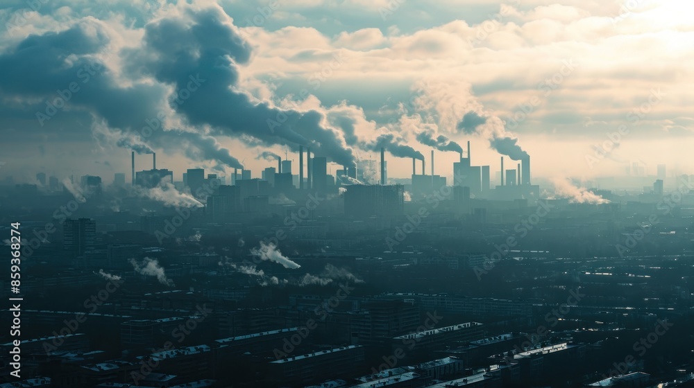 Naklejka premium carbon credit, pollution, factory, smoke, energy, industrial, ecology, sky, smog, power, steam, environment, plant, air, gas, chimney, environmental, toxic, chemical