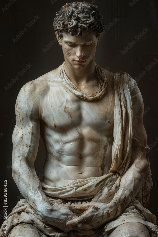Ancient sculpture of muscular man draped in fabric exudes timeless elegance. Ancient sculpture of muscular man draped in fabric exudes timeless elegance.