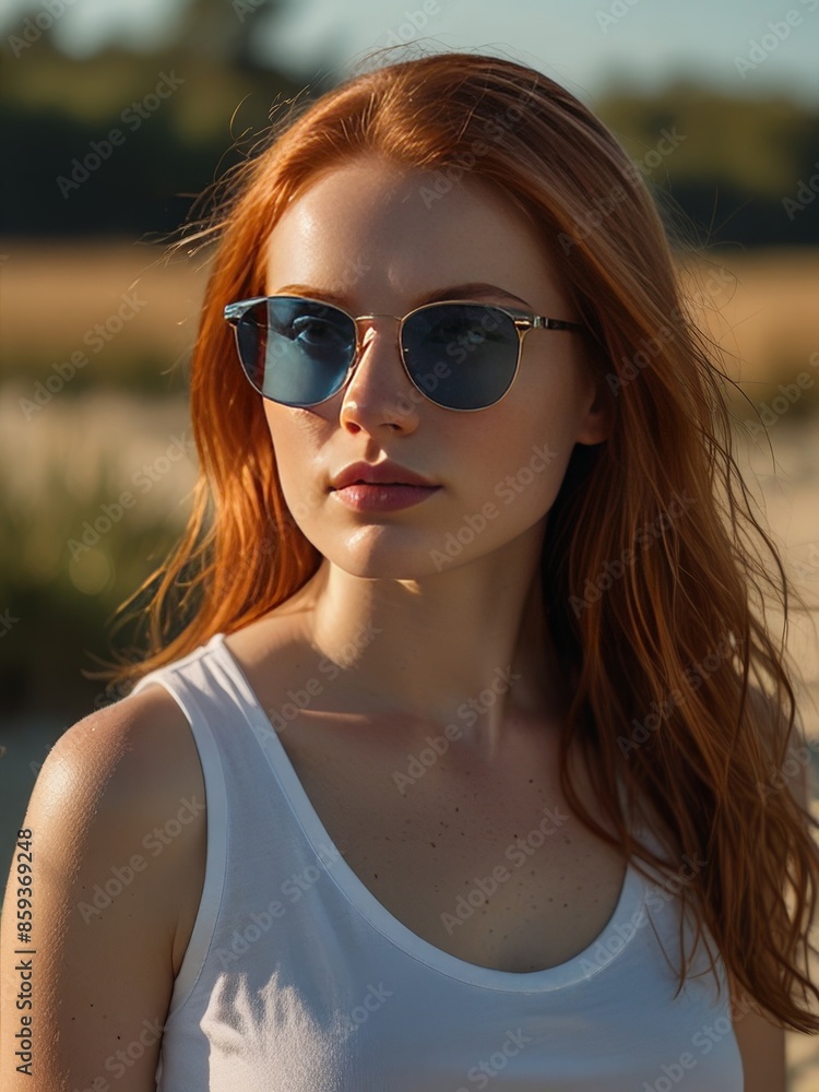 Beautiful woman with open hair, wearing sunglasses and a white T-shirt, captured in a high-resolution 4K photograph, exuding elegance and style against a stunning backdrop