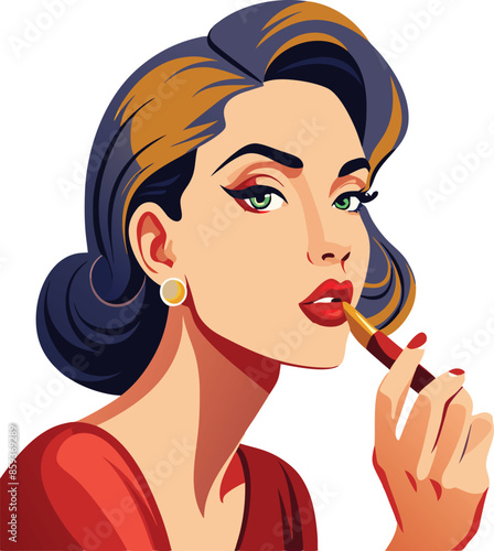 Elegant woman applying red lipstick in retro style illustration