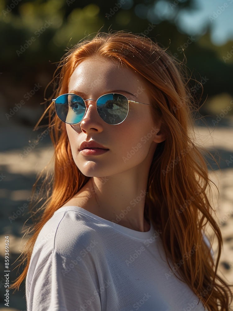 Beautiful woman with open hair, wearing sunglasses and a white T-shirt, captured in a high-resolution 4K photograph, exuding elegance and style against a stunning backdrop