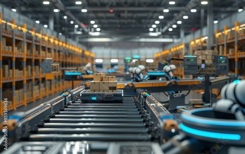 Automated warehouse with robots and conveyor belts sorting packages. High-tech logistics and manufacturing concept.