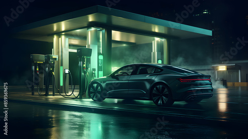 Beautiful car on Fuel station at night 