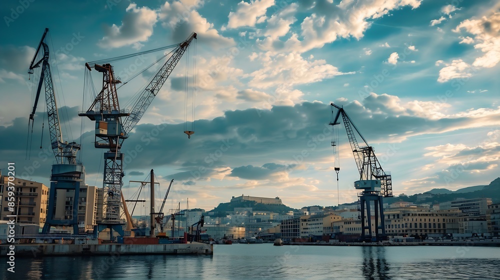 Obraz premium Industrial port cranes at the afternoon in Marseille France : Generative AI
