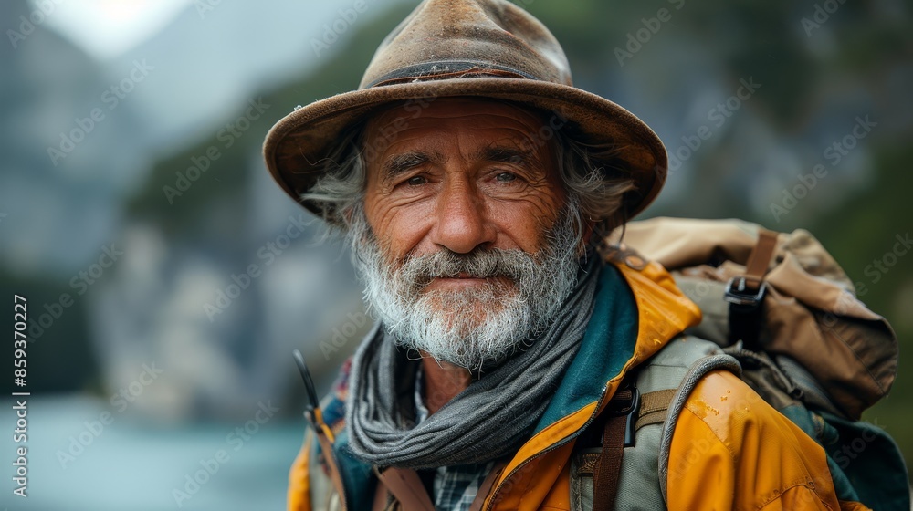 An elderly man with a gray beard and worn hat stands in a mountainous region, with a backpack ready for an adventure, capturing resilience and the spirit of the wild. An elderly man with a gray beard and worn hat stands in a mountainous region, with a backpack ready for an adventure, capturing resilience and the spirit of the wild.