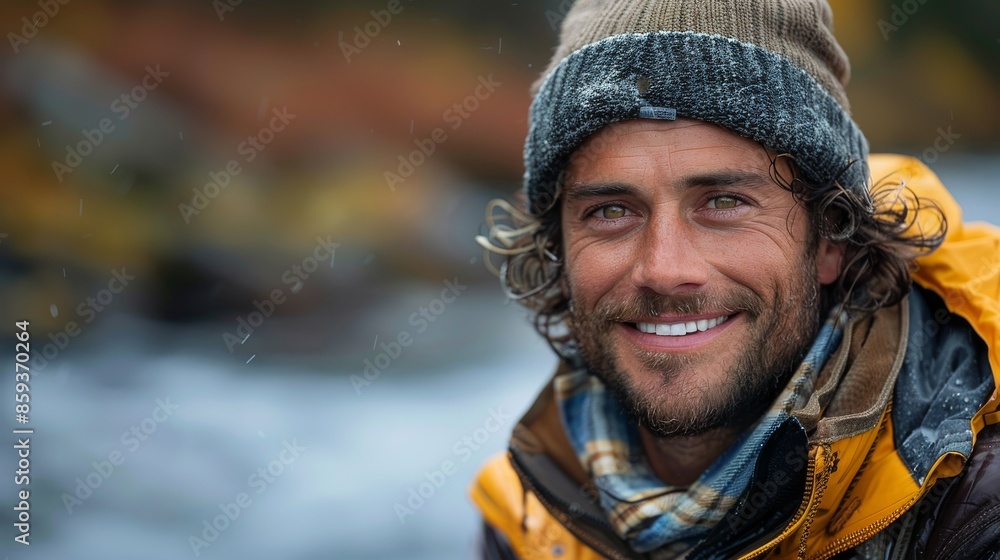 A smiling man wearing a hat and layered outdoor clothing stands by a flowing river, surrounded by a natural setting, exuding joy, adventure, and an appreciation for nature. A smiling man wearing a hat and layered outdoor clothing stands by a flowing river, surrounded by a natural setting, exuding joy, adventure, and an appreciation for nature.