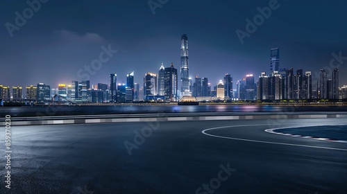 Race track road and modern city skyline with buildings in Hangzhou at night : Generative AI