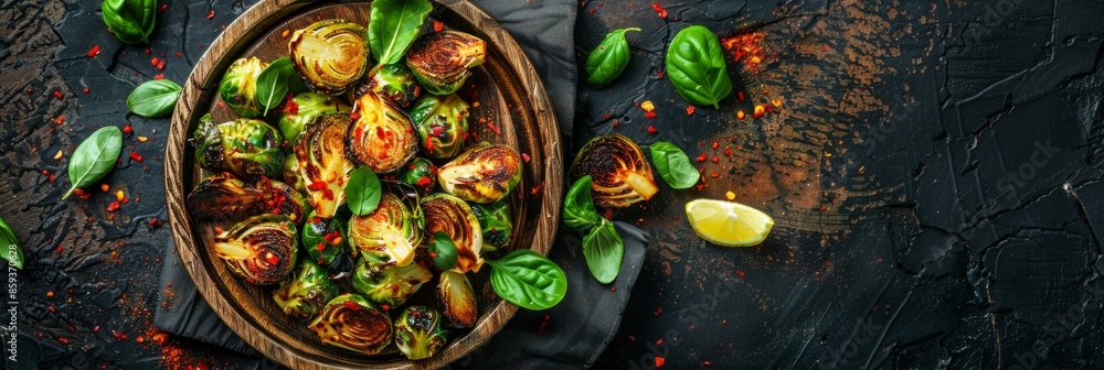 Close-up of charred Brussels sprouts with chili flakes, lemon, basil leaves, and lemon wedge on a wooden platter