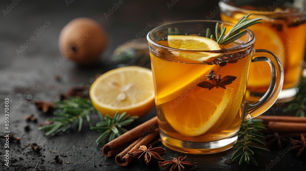 Warm spiced tea served in clear glasses, garnished with lemon slices, cinnamon sticks, star anise, and rosemary, creating a homely and festive atmosphere for gatherings. Warm spiced tea served in clear glasses, garnished with lemon slices, cinnamon sticks, star anise, and rosemary, creating a homely and festive atmosphere for gatherings.