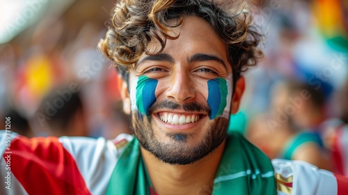 A cheerful man with face paint at a sporting event, showcasing high energy and excitement, capturing the vibrant atmosphere and joy of being a passionate sports fan.