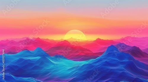 Colorful abstract mountains with sun setting behind, vibrant digital art. Surreal landscape concept