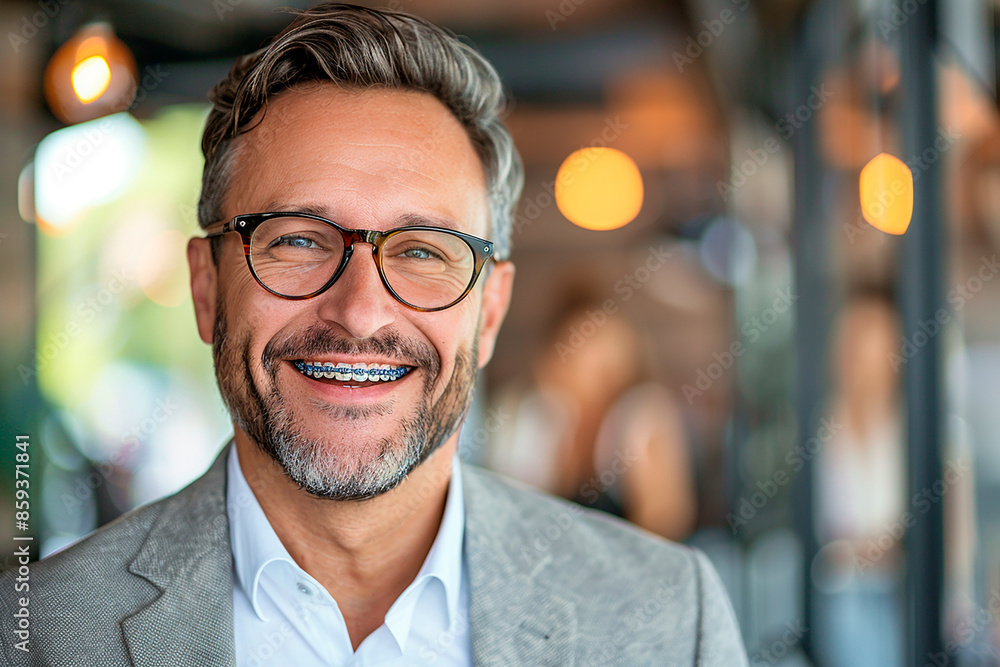 A smiling middle-aged man with gray hair and glasses, wearing a gray blazer and braces, standing indoors with a blurred background of people and lights. A smiling middle-aged man with gray hair and glasses, wearing a gray blazer and braces, standing indoors with a blurred background of people and lights.