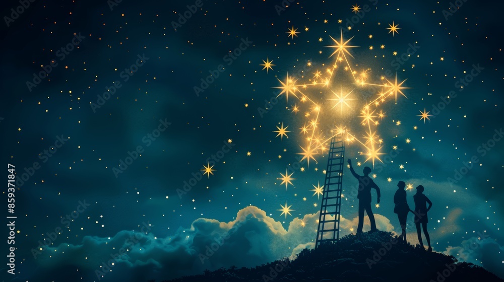 A business leader climbing a ladder towards a shining star, with team members supporting and encouraging from below, symbolizing ambition and support. A business leader climbing a ladder towards a shining star, with team members supporting and encouraging from below, symbolizing ambition and support.