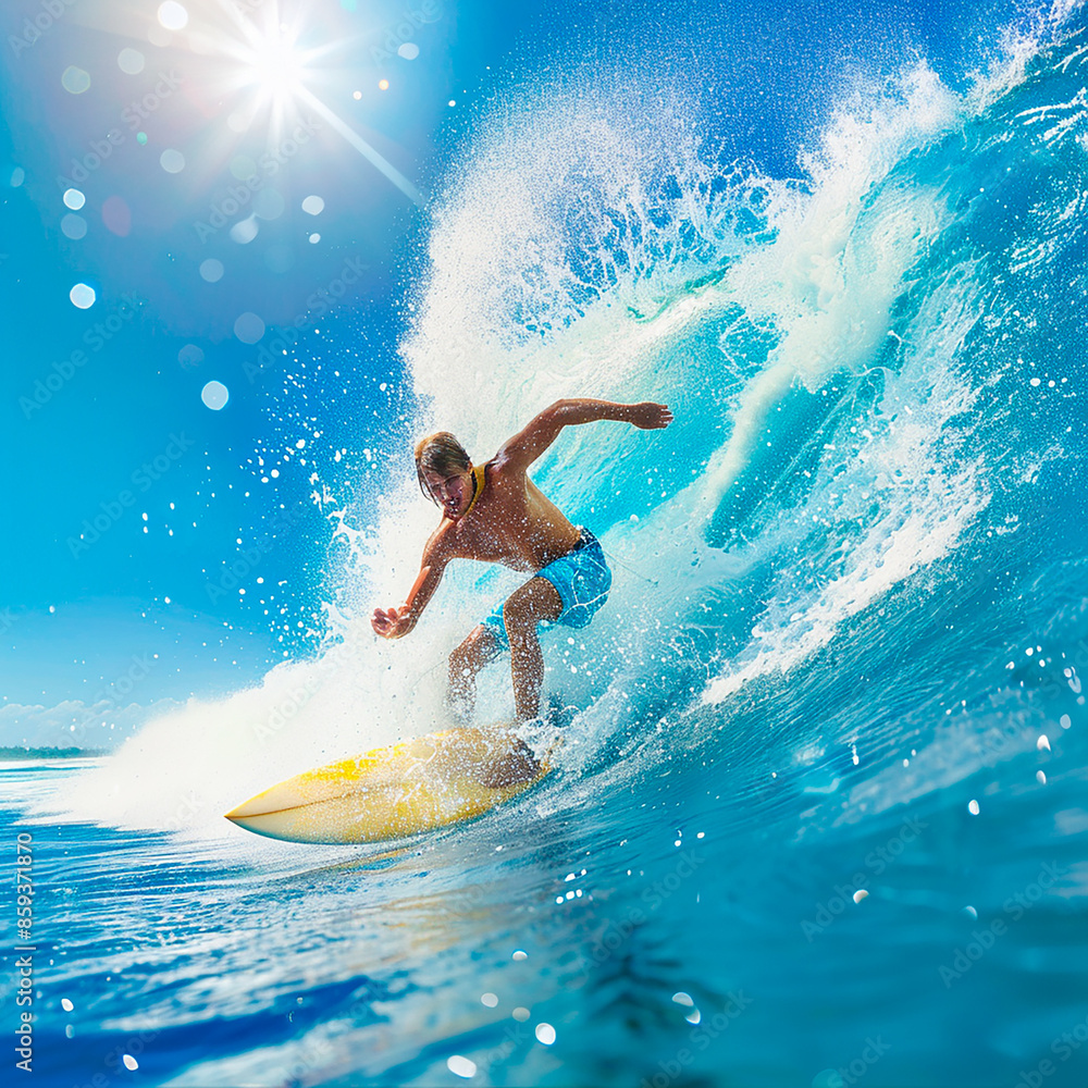 A surfer riding a powerful wave in bright blue water under a sunny sky, showcasing action, adventure, and the thrill of surfing. A surfer riding a powerful wave in bright blue water under a sunny sky, showcasing action, adventure, and the thrill of surfing.
