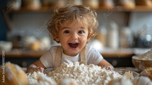 A happy child with a white shirt and apron joyfully plays in a heap of flour in a cozy kitchen, creating a delightful mess as they laugh with excitement. photo