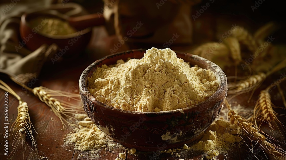 Rustic still life composition featuring a bowl of wheat flour surrounded by wheat stalks and a wooden spoon in a dimly lit setting. Rustic still life composition featuring a bowl of wheat flour surrounded by wheat stalks and a wooden spoon in a dimly lit setting.