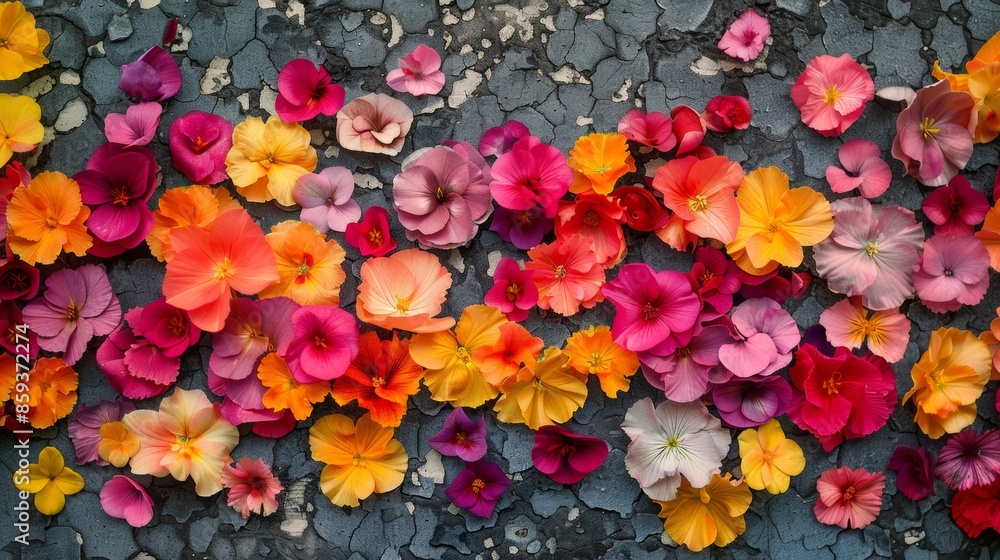 Overhead shot of a floral pattern made with various flower petals on the ground Overhead shot of a floral pattern made with various flower petals on the ground