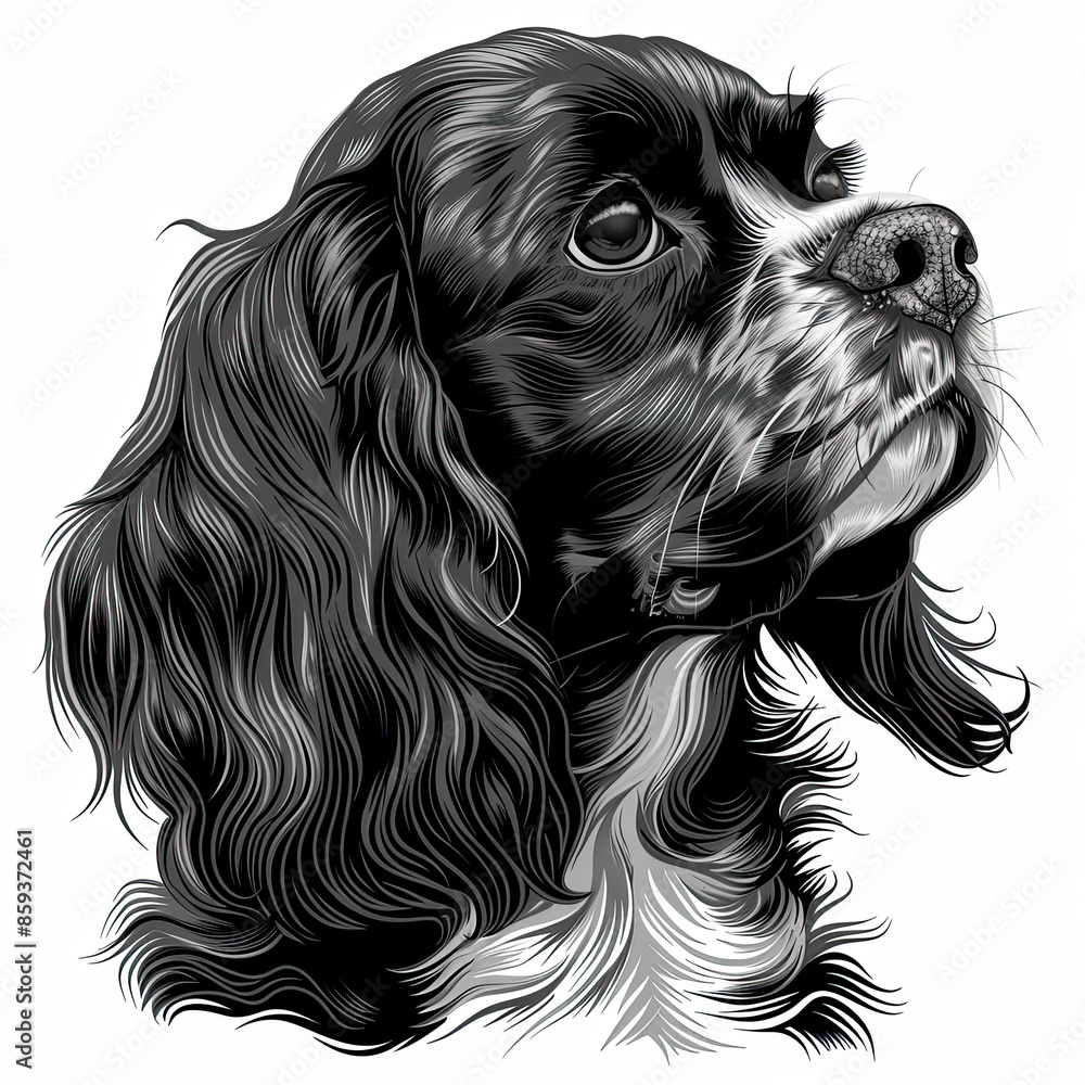A black and white drawing of a Cavalier King Charles Spaniel dog A black and white drawing of a Cavalier King Charles Spaniel dog