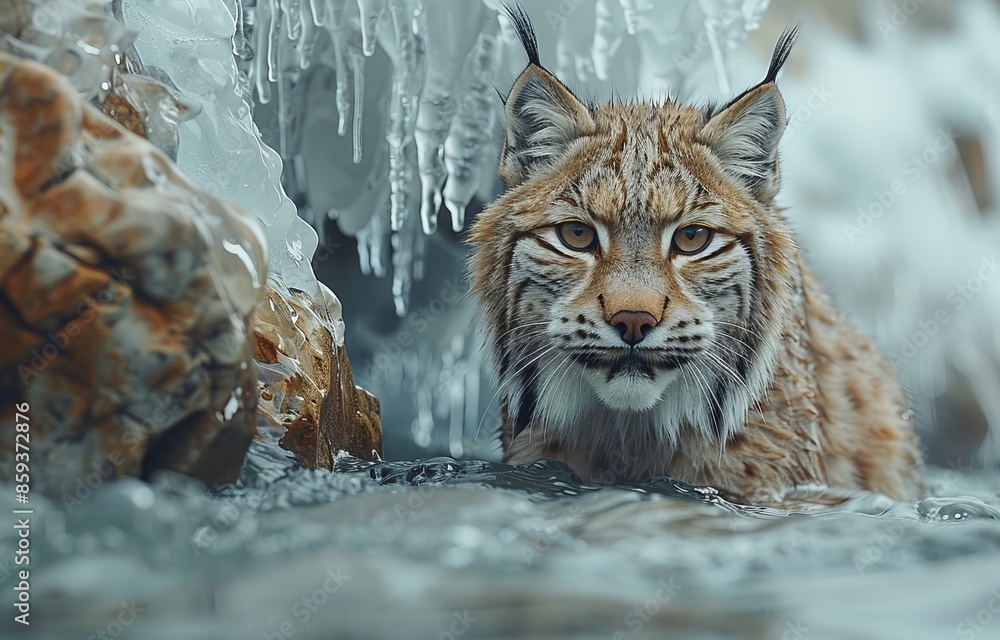 Fototapeta premium Brinicle forming under ice, Lynx exploring ocean floor.