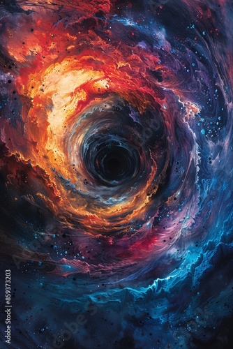 Vibrant cosmic whirlpool with red, blue, and purple swirls merging into a dark center in space. photo