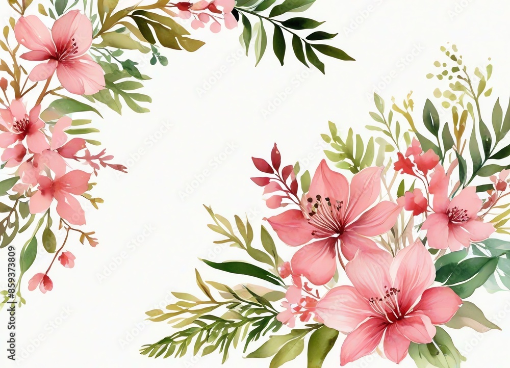 A watercolor painting of pink flowers and leaves theme A watercolor painting of pink flowers and leaves theme