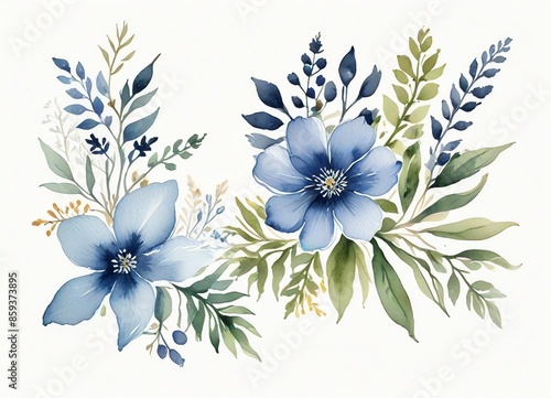 Fototapeta Naklejka Na Ścianę i Meble -  A watercolor painting of two blue flowers and leaves