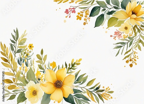 Fototapeta Naklejka Na Ścianę i Meble -  A watercolor painting of yellow spring flowers and leaves