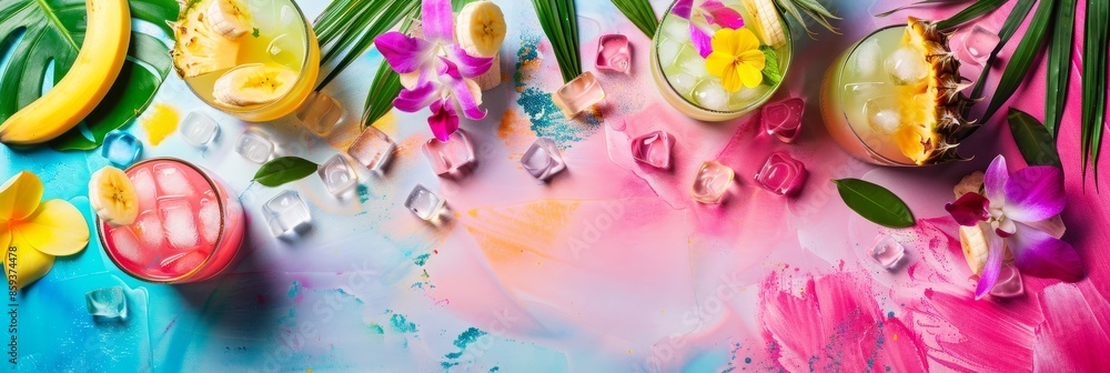 Overhead view of tropical cocktails with fresh fruit and flowers on a colorful background Overhead view of tropical cocktails with fresh fruit and flowers on a colorful background