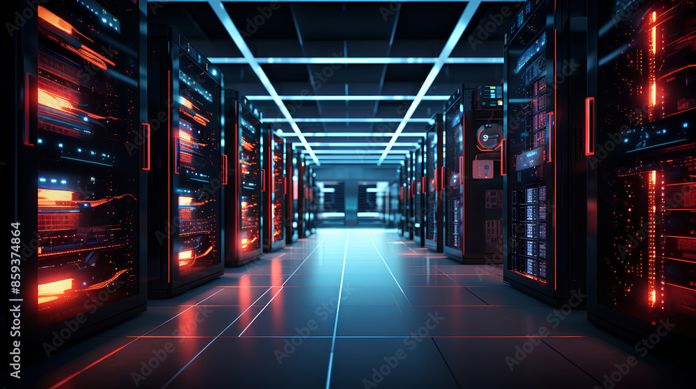 Hallway of Data Center where dedicated servers are with new age racks by using little red Hallway of Data Center where dedicated servers are with new age racks by using little red